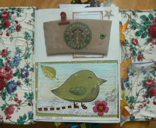 Coffee cozie from Starbucks and a stamped green bird.