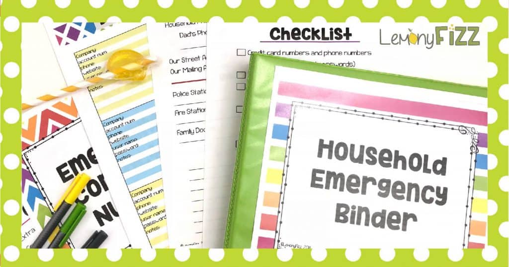 Household emergency binder with printable papers and pens.