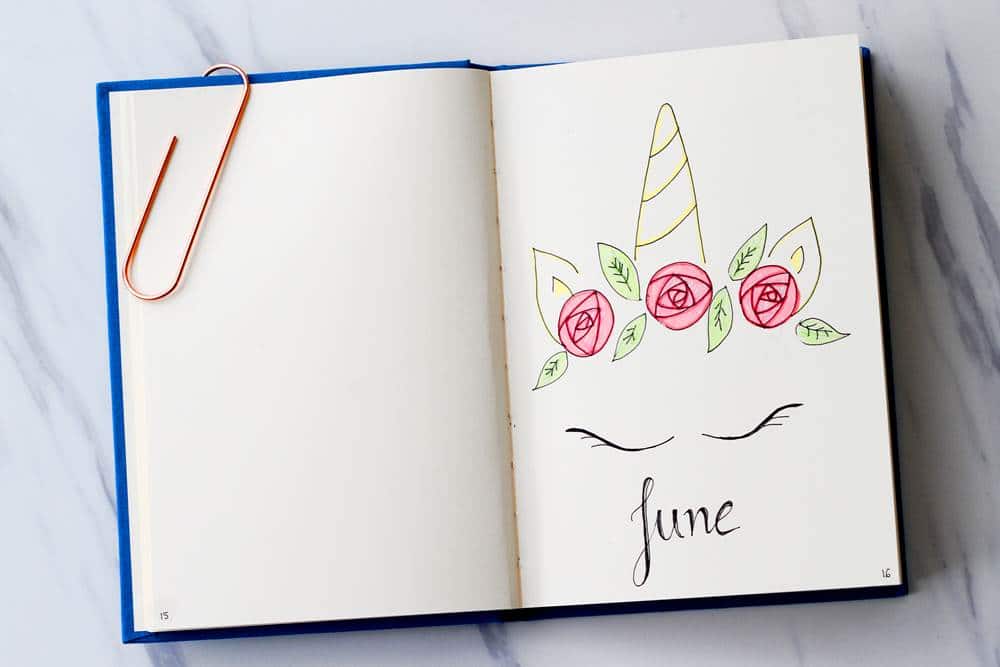 Get great bullet journal ideas like this unicorn doodle for June.