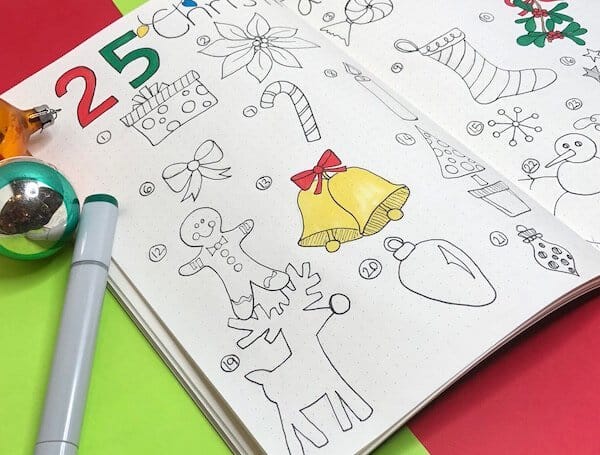 Christmas Doodles for bullet journals. Create your 25 days of Christmas advent calendar and unique page spreads. 