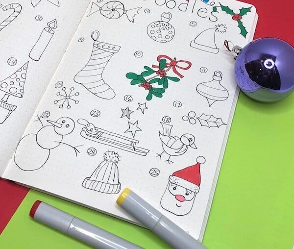 Christmas Doodles for bullet journals. Create your 25 days of Christmas advent calendar and unique page spreads. 