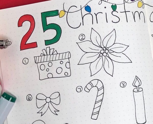 Christmas Doodles for bullet journals. Create your 25 days of Christmas advent calendar and unique page spreads. 