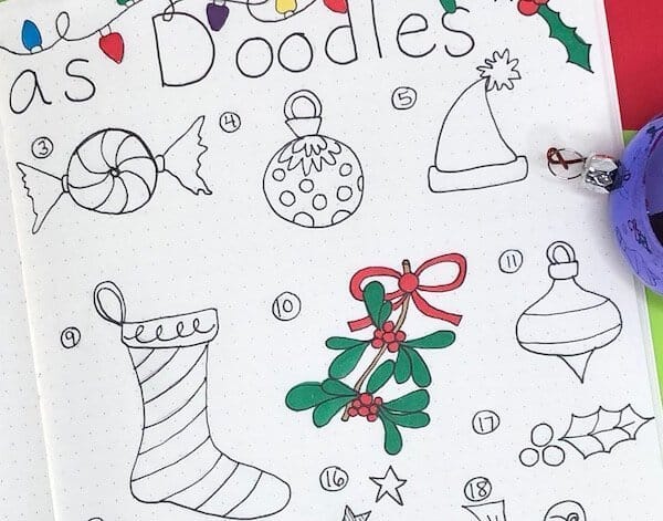 Christmas Doodles for bullet journals. Create your 25 days of Christmas advent calendar and unique page spreads. 