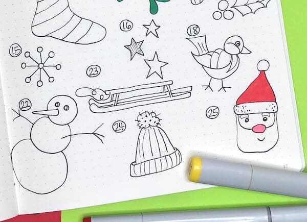 Christmas Doodles for bullet journals. Create your 25 days of Christmas advent calendar and unique page spreads. 