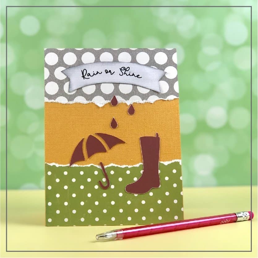 Spring greeting card with umbrella and raindrops.