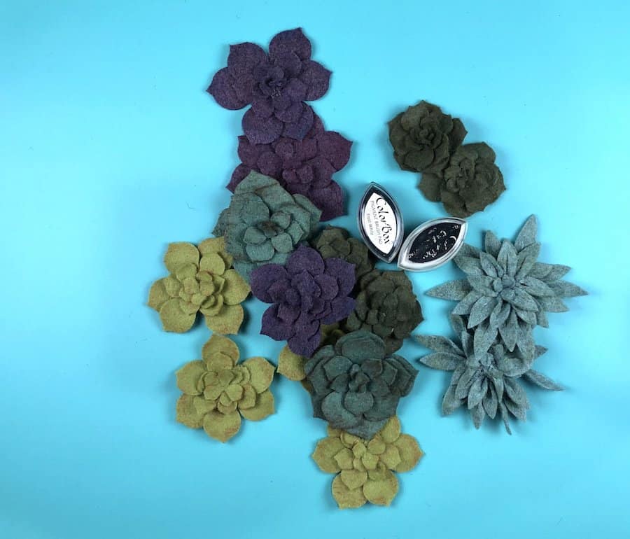 Felt succulents in dark greens and purples.