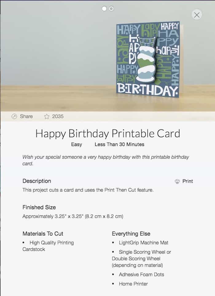 Happy birthday printable card in Cricut Access.