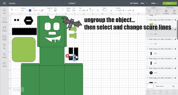 ungroup the objects and then select the cut lines to change to score