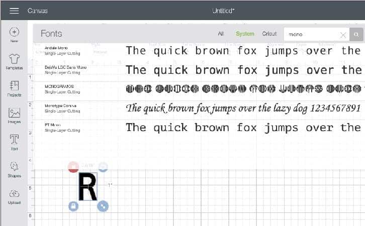 Font selection for circle monogram on Cricut Design Space.