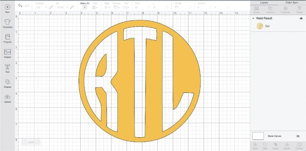 Complete circle monogram in Cricut Design Space.