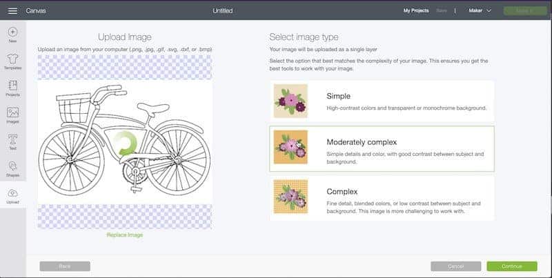 Upload your image to design space and select the image type.