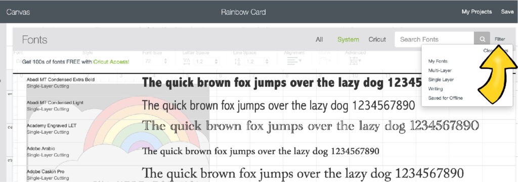 Filter the fonts you want in Cricut Design Space.