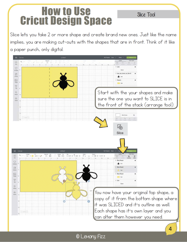 slice tool cheatsheet in cricut design space guidebook