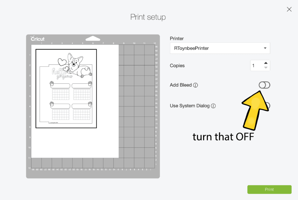 turn off the button for the add bleed option when using print and cut make habit tracker printable