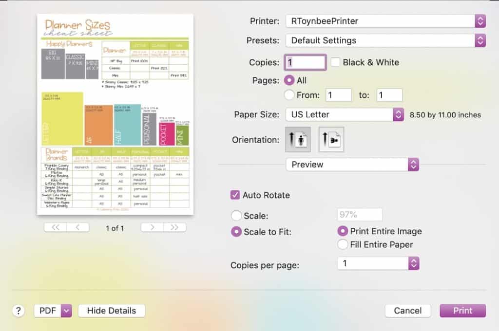 default printer settings for planner printables