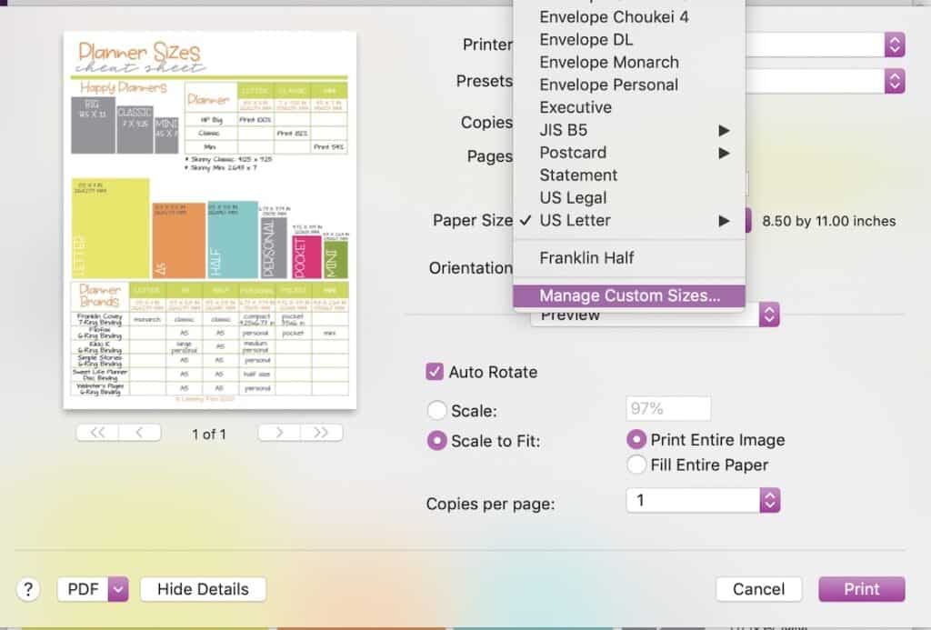 manage custom sizes print options for diy planners and custom printables