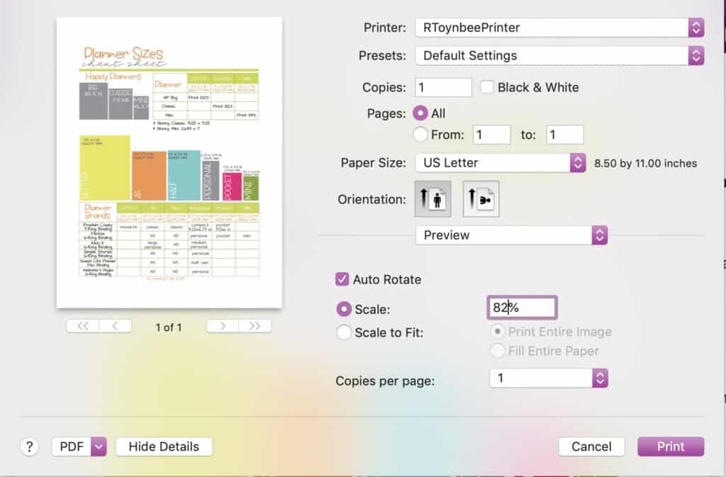 set the scale option to 82% for a Classic Happy Planner printable