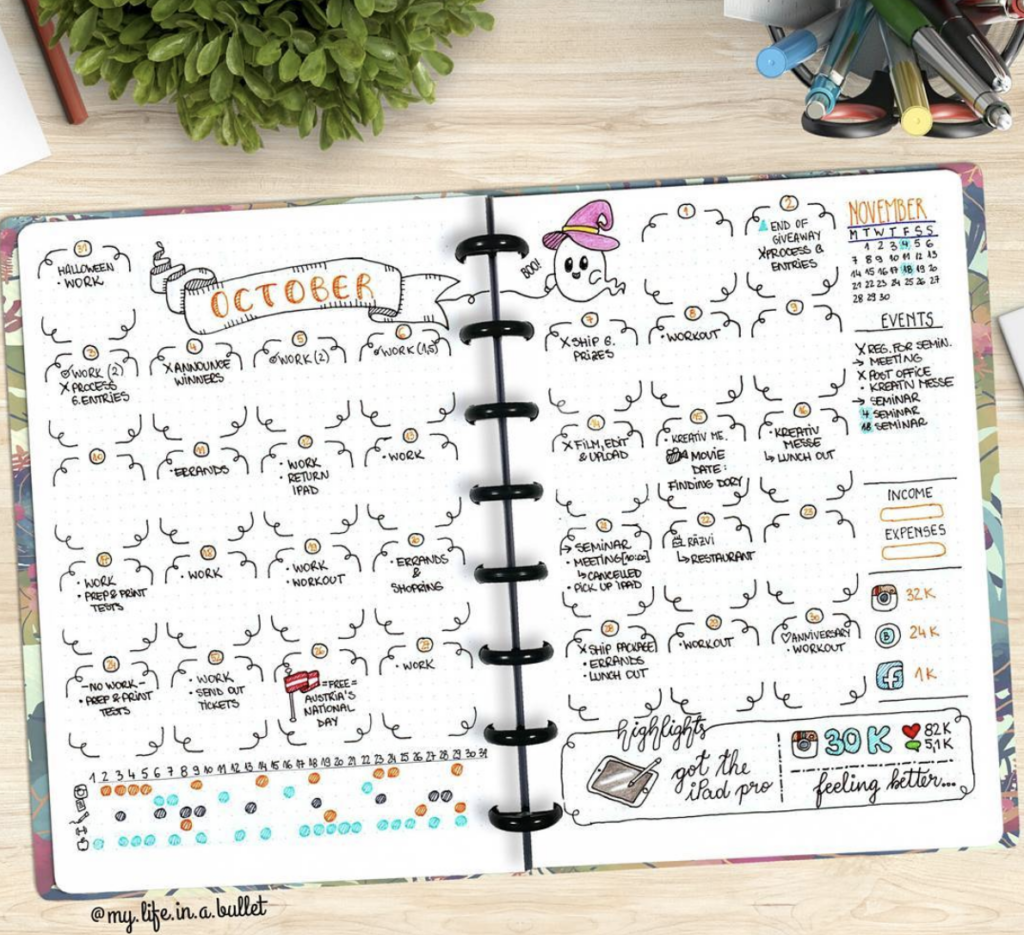 October calendar spread in a bullet journal