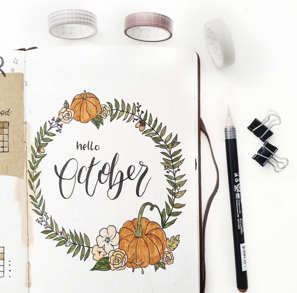 Hello October fall wreath bullet journal page