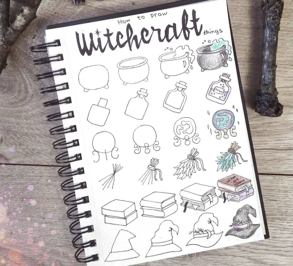 cauldron, spell book, and witches hat Halloween Doodles
