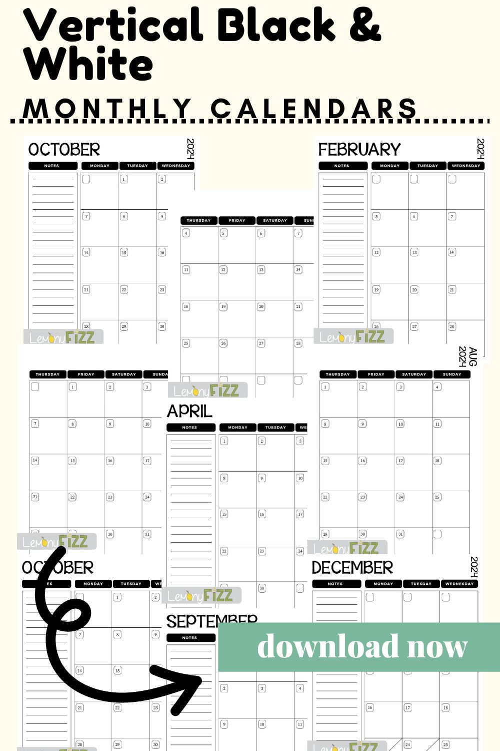 Vertical Black and White Calendar
