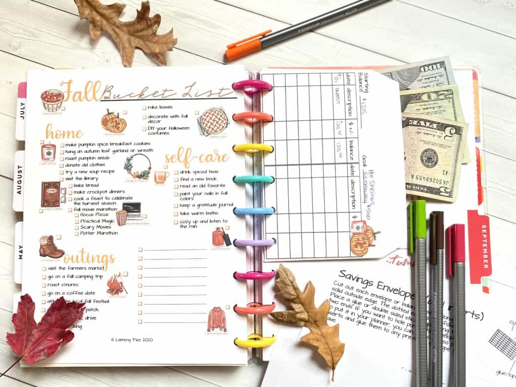 fall budget envelope and fall bucket list for happy planner