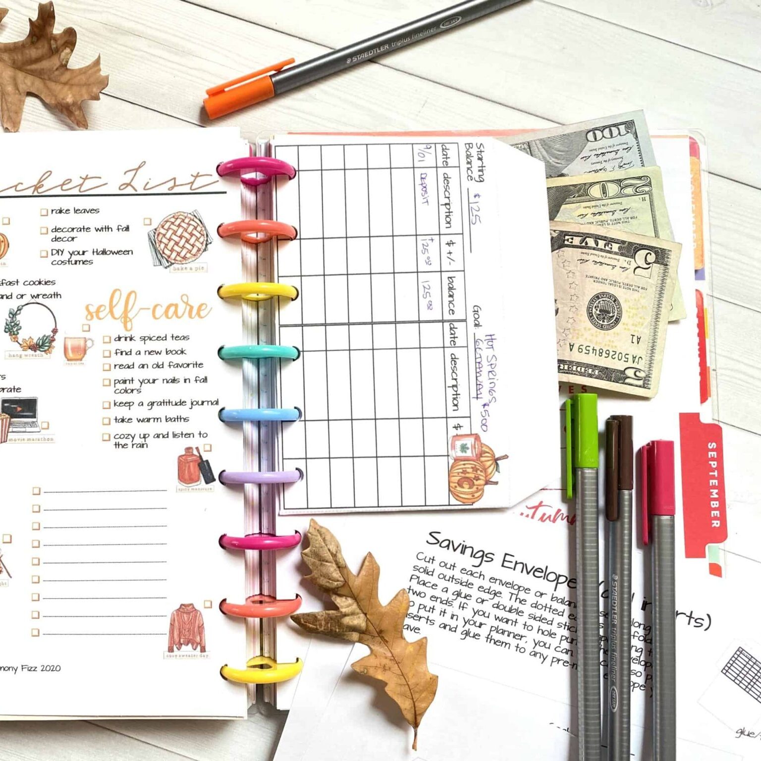 fall budget envelope and fall bucket list for happy planner