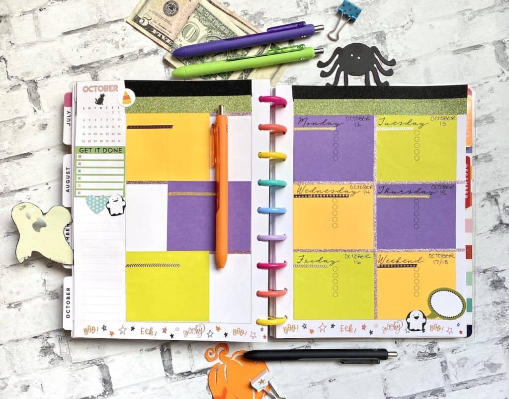 Halloween planner page layout with Washi tape and Post-it sticky notes.