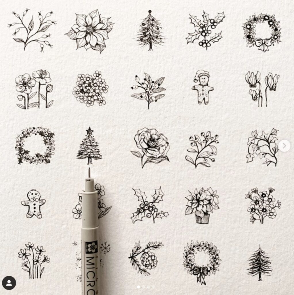 poinsetta wreaths and christmas tree doodles