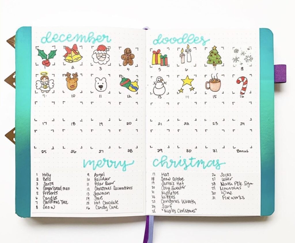 25 days of Christmas drawings in a bullet journals