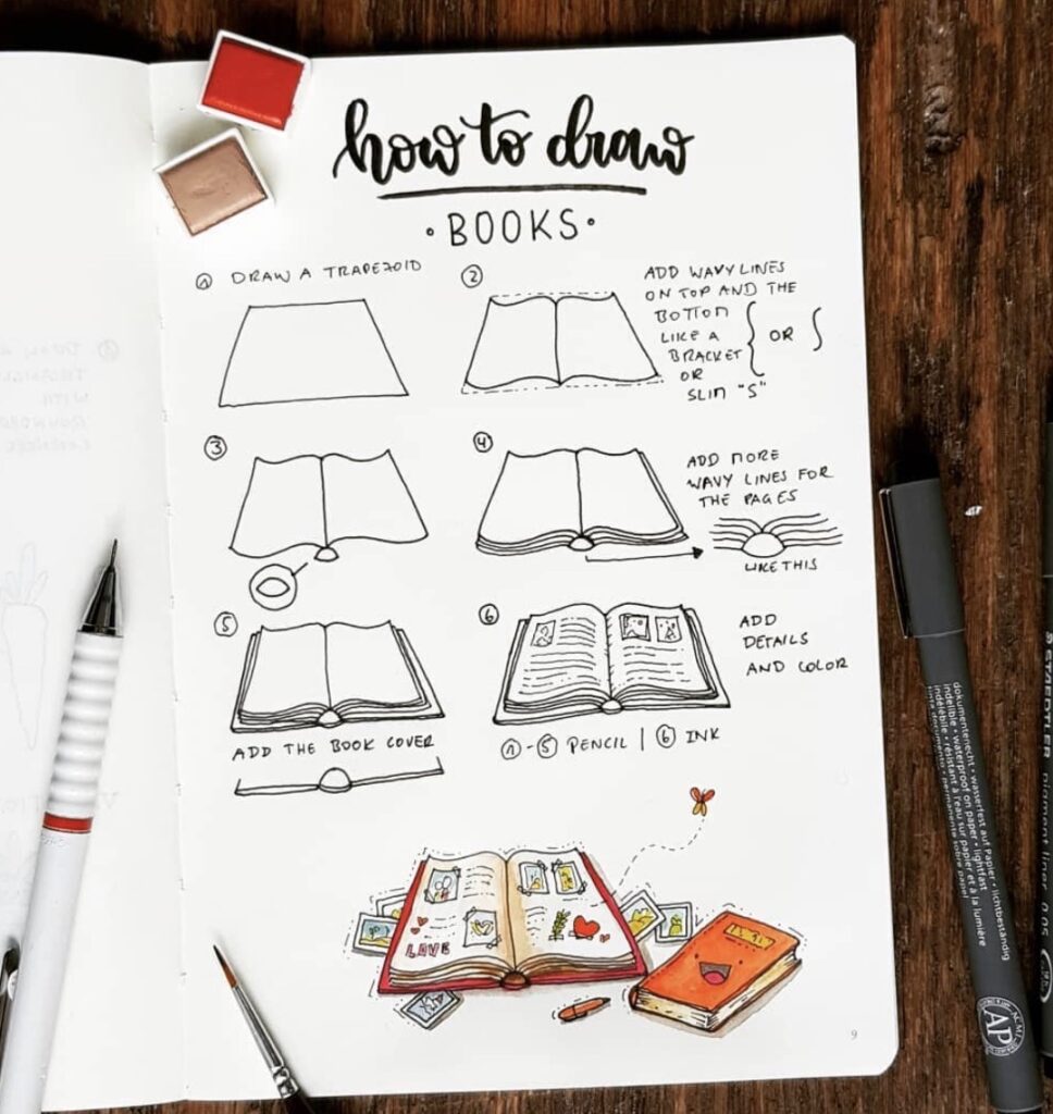 Easy How to Draw a Book Tutorials for Bujo Spreads