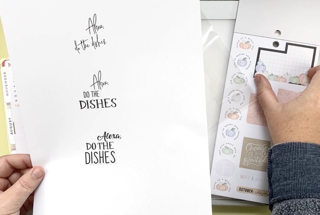 alexa do the dishes quote printed multiple times on paper for hand lettering practice