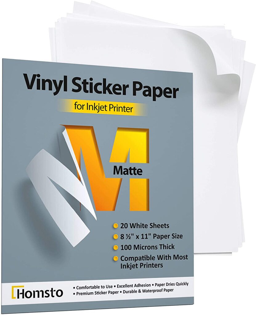  Homsto Vinyl Sticker Paper, Premium Glossy Printable Vinyl  Sticker Paper for Inkjet Printer, Quick-Drying, Water and  Scratch-Resistant, Self-Adhesive for Most Surfaces, 8.5 x 11 Inches, 20  Sheets : Office Products