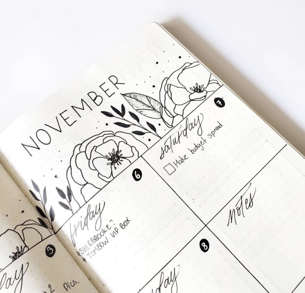 november-floral-spread-didi-journals weekly bullet journal layout