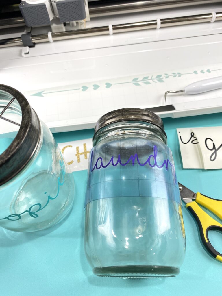 labels on a jar with Cricut vinyl