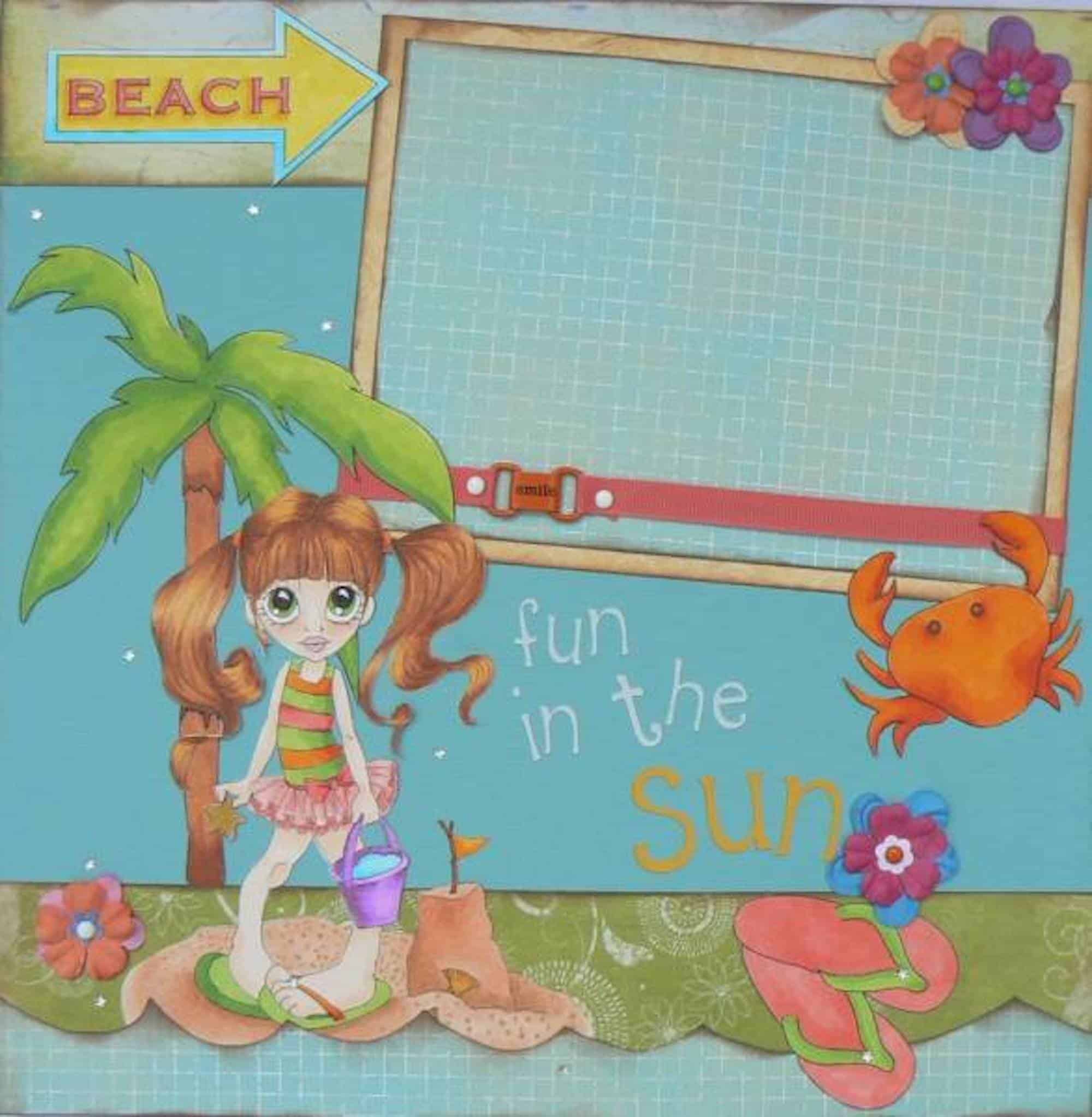fun in the sun scrapbook page for beach photos with stamped and colored images