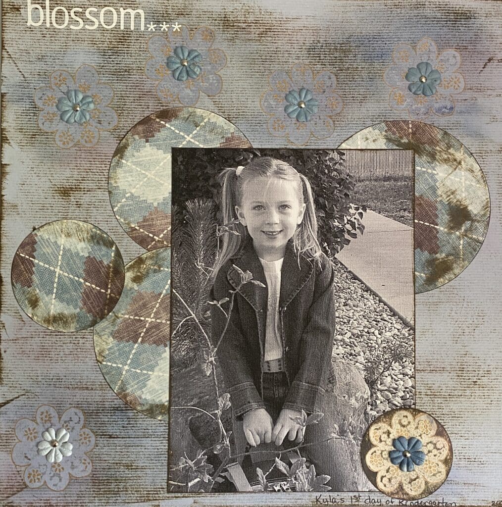 blossom 12x12 layout with ink and pattern paper