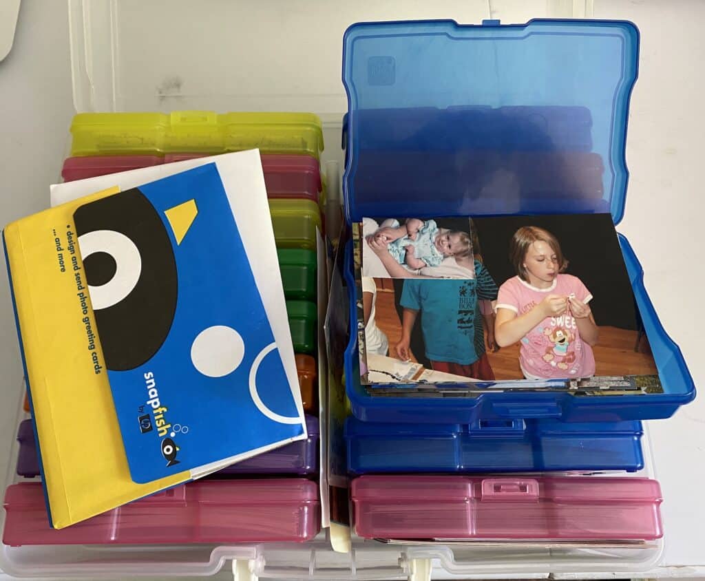 organizing photos in iris box from Michaels photo storage