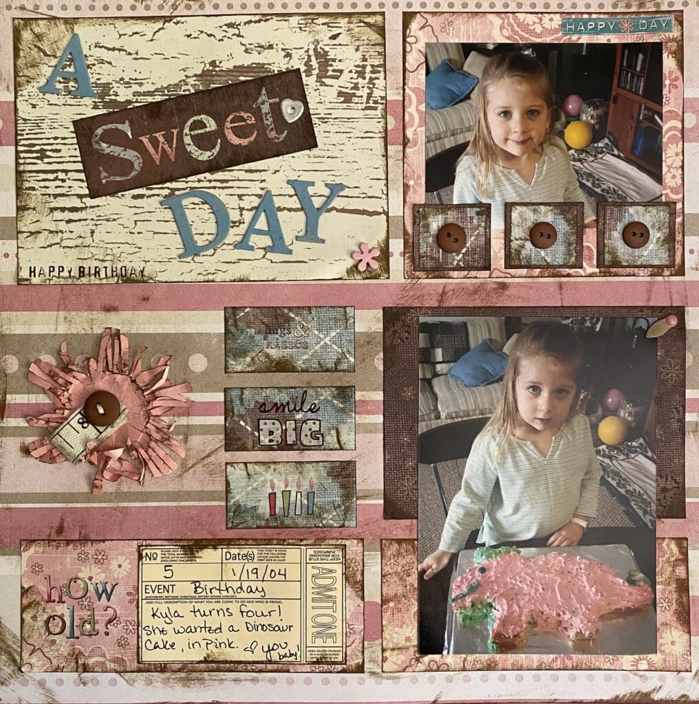sweet day cake and shabby chic ink and ephemera scrapbook page