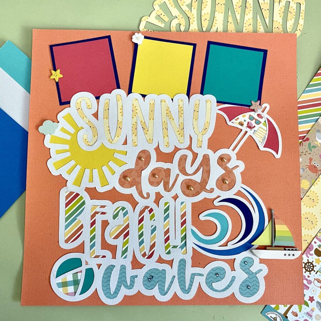 sunny days beach-themed scrapbook layout with cut file overlay