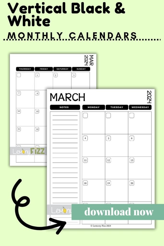 march 2024 calendar black and white vertical printable
