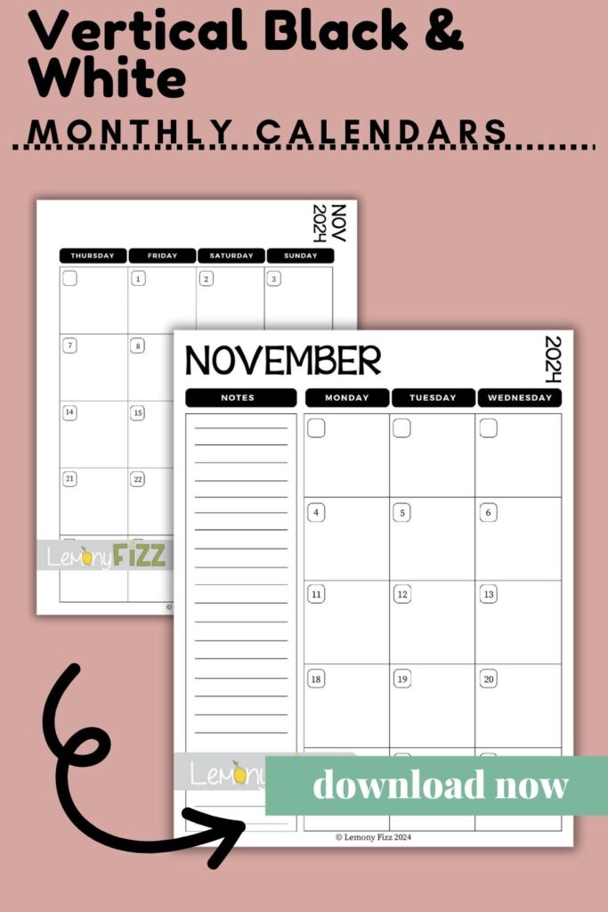 November 2024 calendar black and white vertical printable