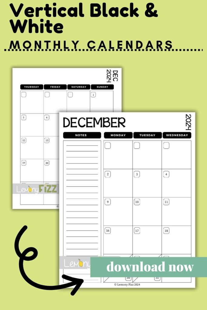 December 2024 calendar black and white vertical printable