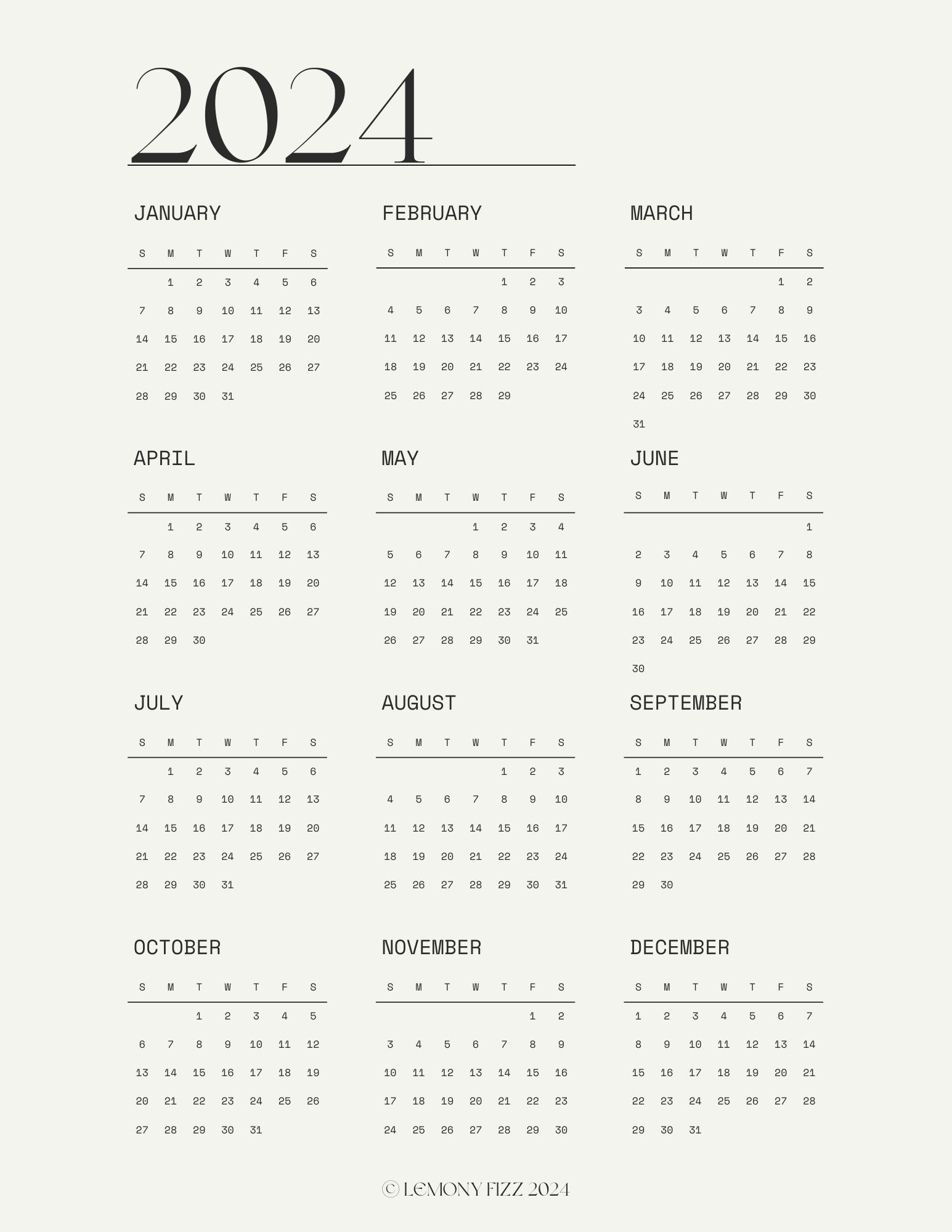 full year calendar at a glance 2024