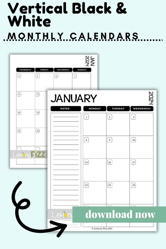 January 2024 calendar black and white vertical printable