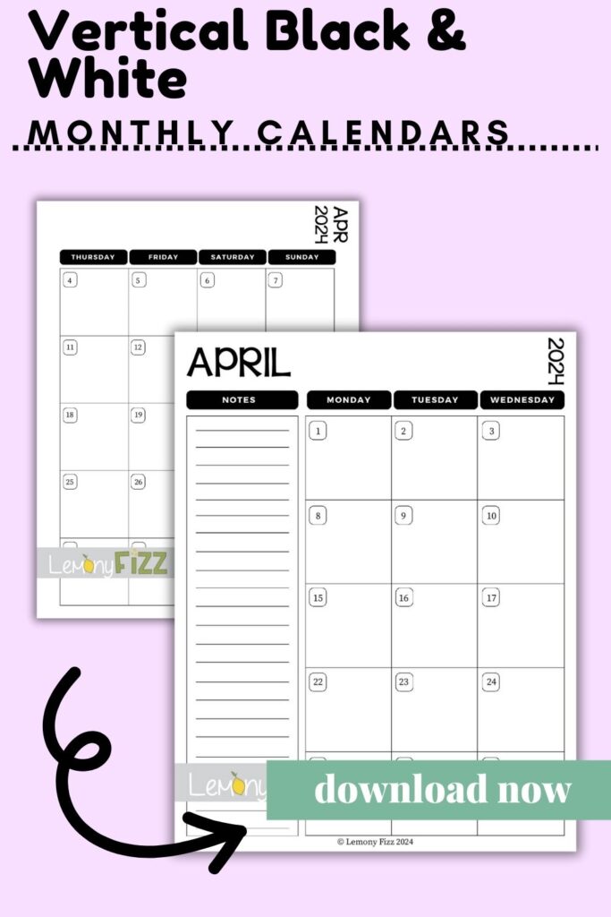 April 2024 calendar black and white vertical printable