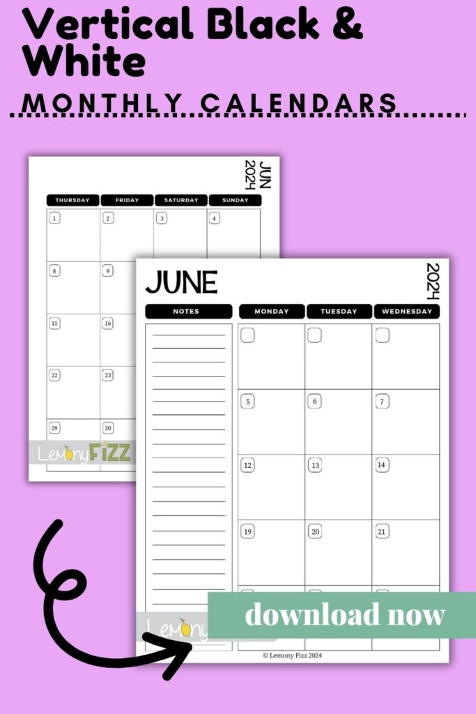 June 2024 calendar black and white vertical printable