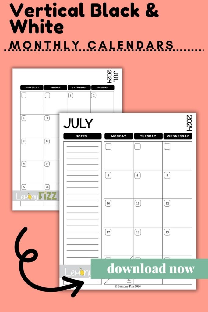July 2024 calendar black and white vertical printable
