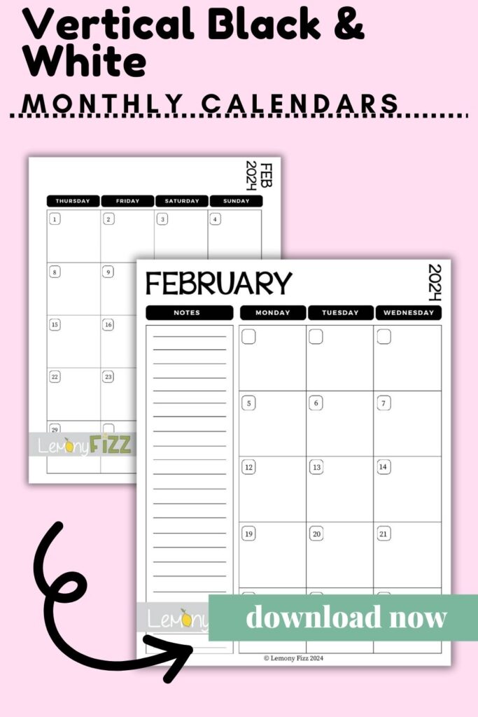 February Vertical Black and White Calendar