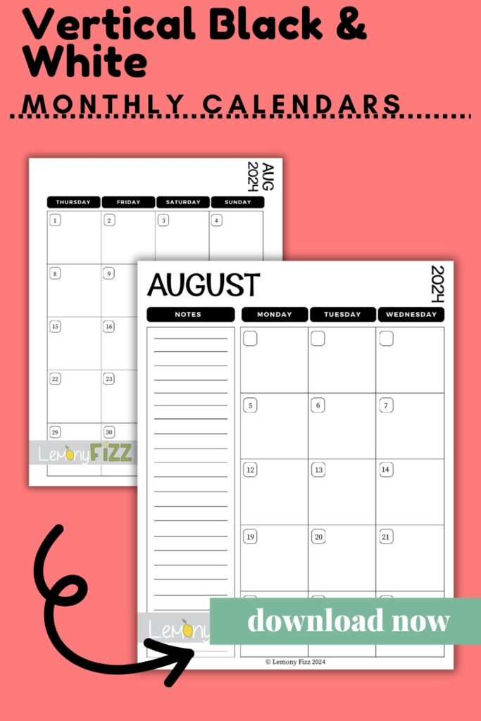 August 2024 calendar black and white vertical printable